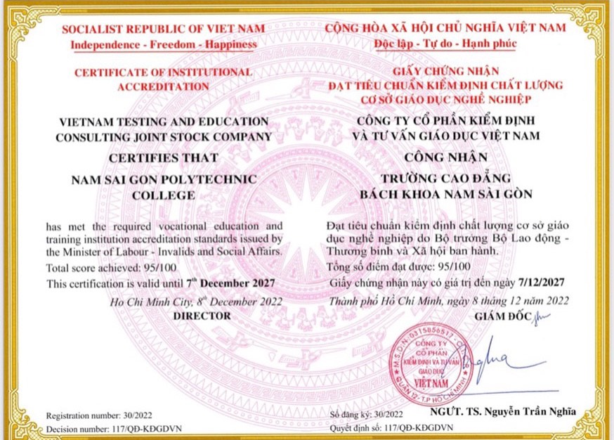 GIẤY CHỨNG NHẬN KIỂM ĐỊNH CHẤT LƯỢNG CƠ SỞ GIÁO DỤC NGHỀ NGHIỆP CẤP QUỐC GIA